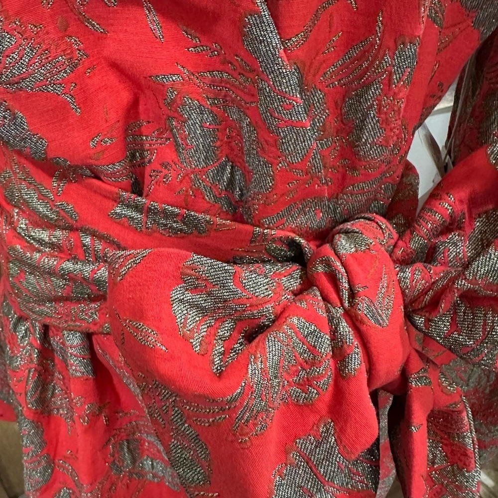 Happy x Nature Red & Gold Brocade Wrap Dress Size 8 Puff Sleeve Holiday - Picture 3 of 11